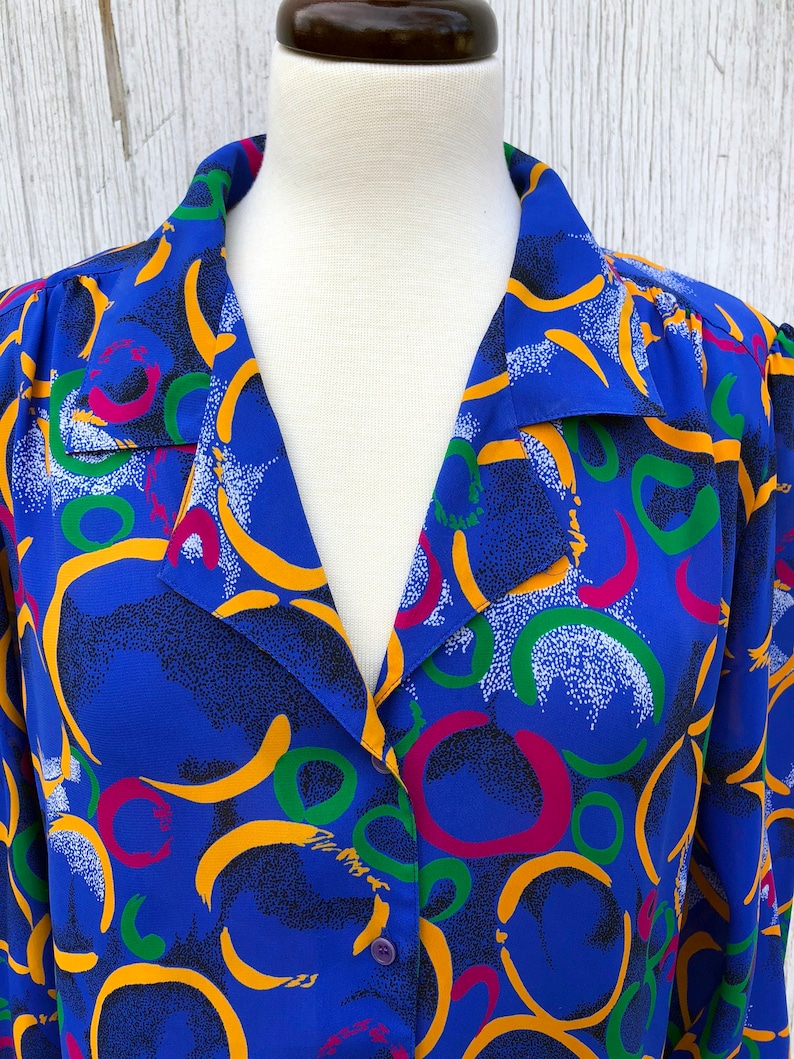 80s 90s Sheer Neon Abstract Button Down Blouse Size L