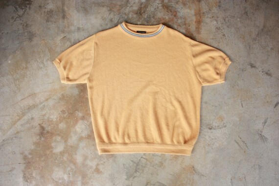 60s 70s Towncraft Yellow Short Sleeve Sweater With Blue