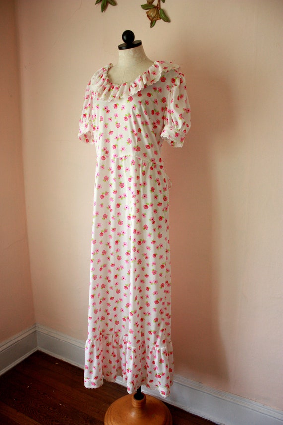 70s White and Pink Floral Maxi Dress Polyester Pra