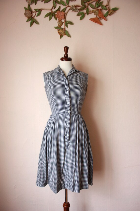 50s Black and White Gingham Dress Loop Collar Slee
