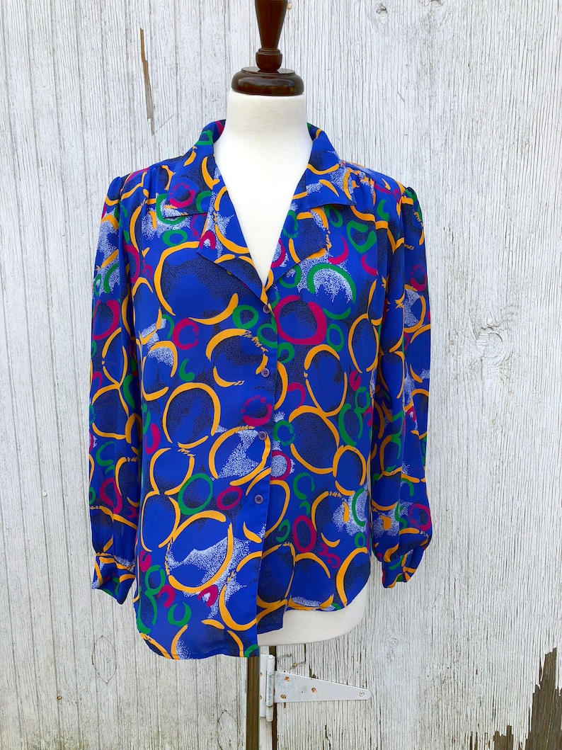 80s 90s Sheer Neon Abstract Button Down Blouse Size L