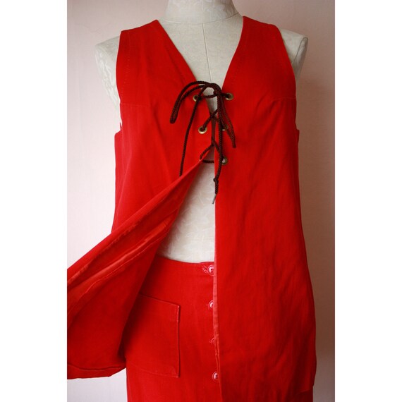70s Red Denim Miniskirt & Vest Set Hippie Western