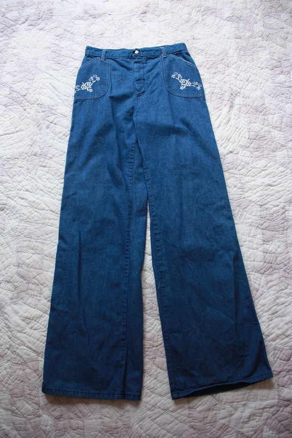 70s Sears Embroidered Bell Bottom Jeans Wide Leg H