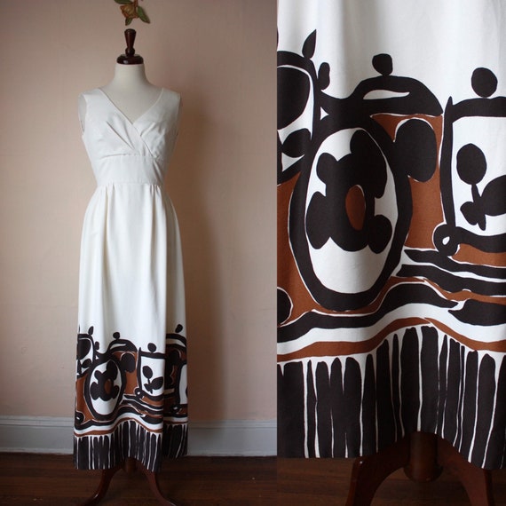 60s 70s Malia Hawaiian Maxi Dress White Brown Tiki