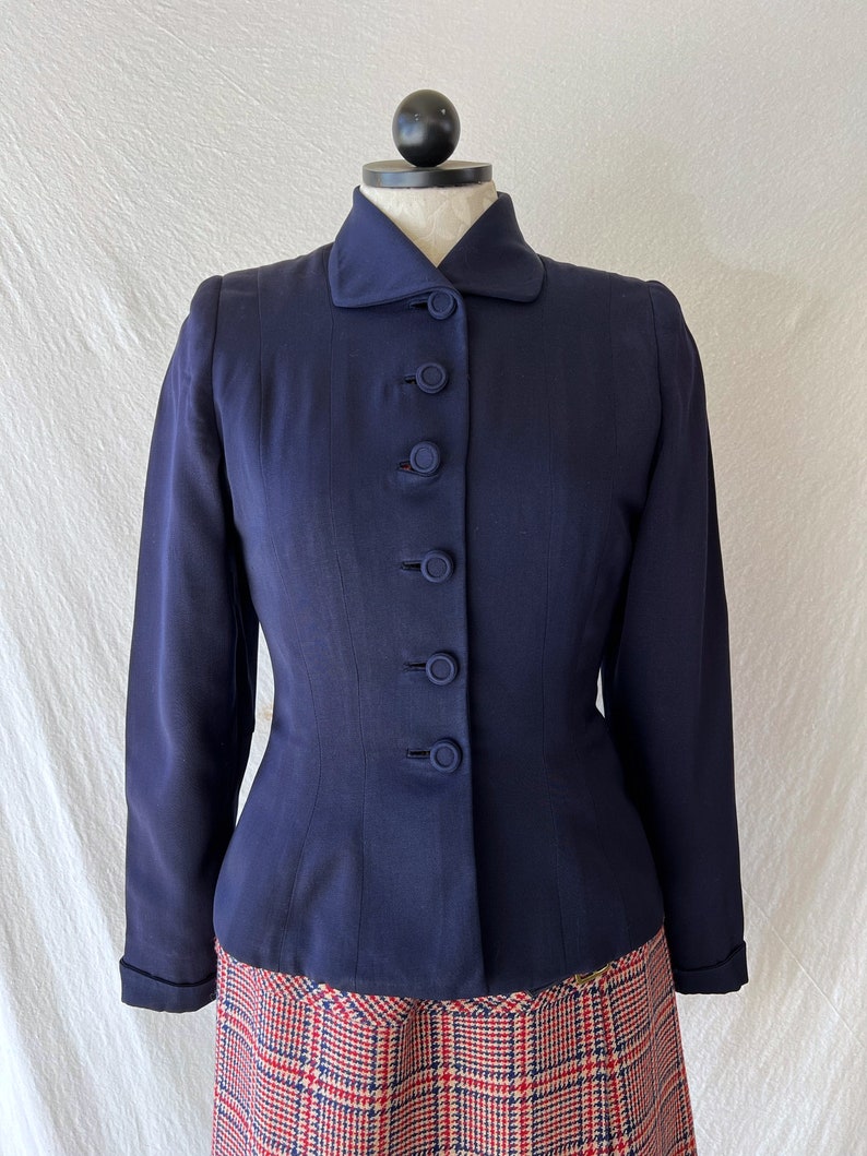 40s Navy Blue Wool Gabardine Suit Jacket Blazer by Swansdown Size XS / S image 3