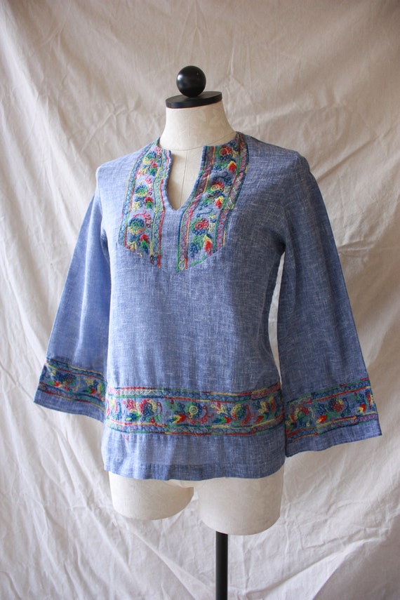 60s Gauzy Embroidered Hippie Tunic Blouse with Be… - image 2