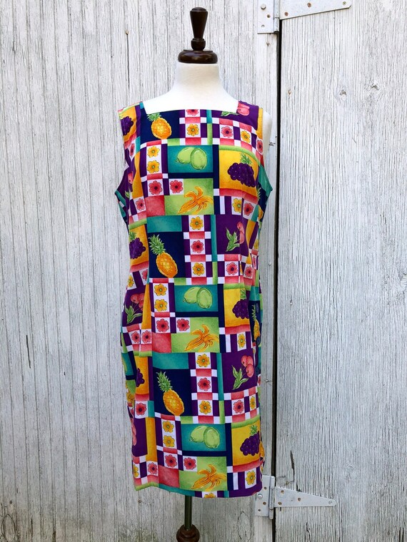 90s does 60s Fruit & Floral Print Neon Shift Dress