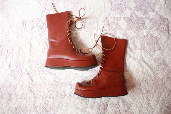 Y2K does 60s 70s Brown Leather Platform Boots Tall