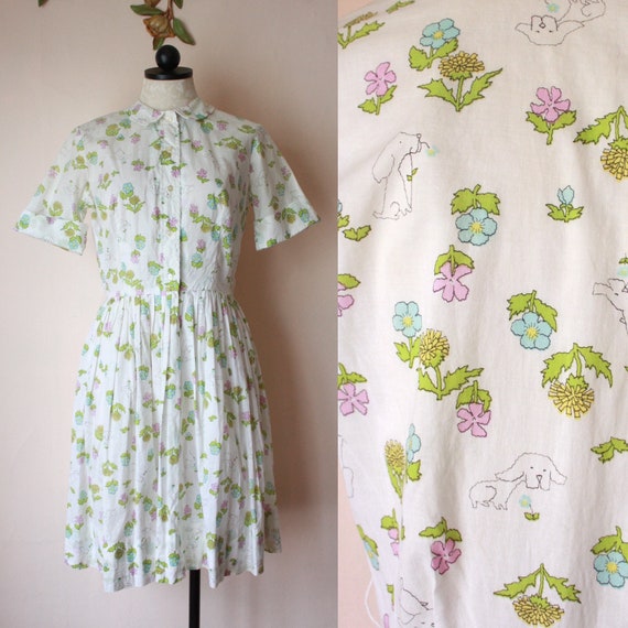 50s 60s Dog Print Dress Circle Skirt Shirt Waist D