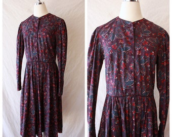 90s Laura Ashley Made in Great Britain Cotton Long Sleeve Floral and Paisley Dress Size M