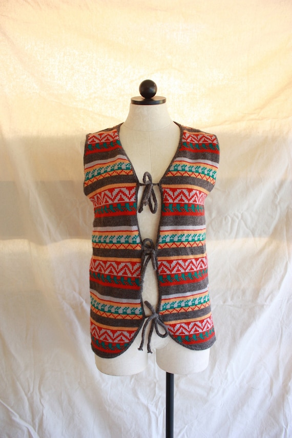 70s Deadstock Fair Isle Sweater Vest Tie Front Si… - image 2