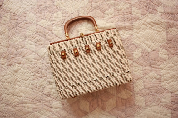 60s White Basket Purse Vinyl Rectangular Handbag W