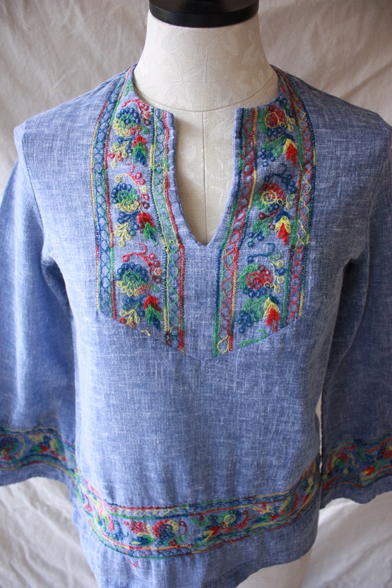 60s Gauzy Embroidered Hippie Tunic Blouse with Be… - image 4