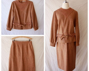 60s 70s Pendleton Skirt Suit Light Brown Wool Two Piece Set Size M