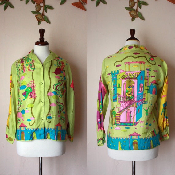 RARE 60s 70s Oleg Cassini Silk Blouse with Novelty