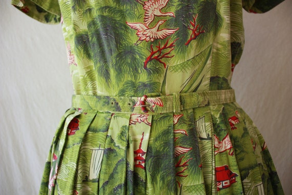 40s 50s Cotton New Look Dress with Cranes & Pasto… - image 5