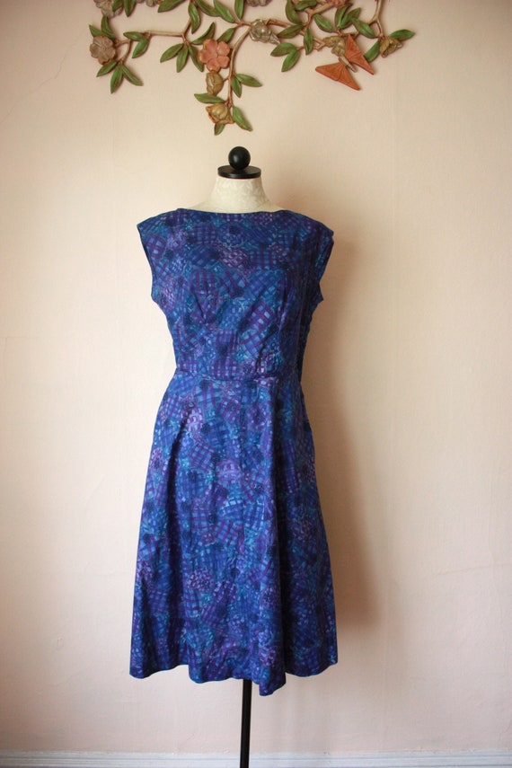 50s Jewel Tone Blue Batik Cotton Dress Cap Sleeve