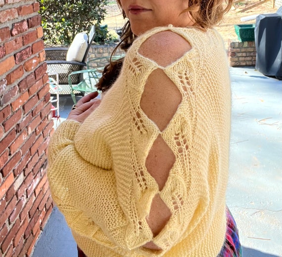 80s Hand Knit Cutout Sweater Cream Batwing Sleeve… - image 3