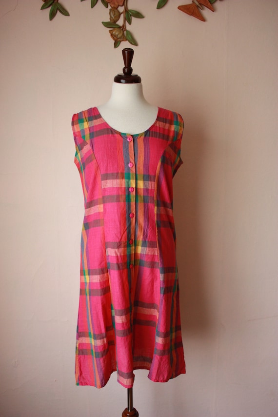 80s 90s Madras Plaid Dress Indian Cotton Shift Siz