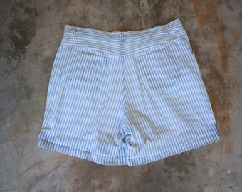 90s Plus Size Striped Denim Shorts Hickory Railroad Blue and White Jean Shorts Size 2X / 3X