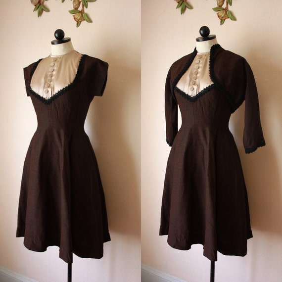 50s Brown and Black Fit and Flare Dress with Boler