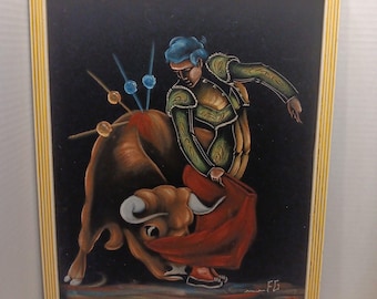 Vintage MCM fluwelen matador stierenvechten schilderij handgeschilderd gesigneerd FG 15 x 19