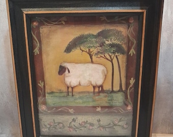 Pat Fischer “Peggy in her field” Folk Art Framed Print sheep scene 12.5”x10.5”