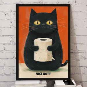 Funny Cat Bathroom Wall Art – “Nice Butt” Digital Download Print – Black Cat Toilet Humor Poster – Quirky Bathroom Decor Gift