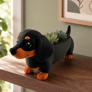 May include: A black and tan dachshund-shaped planter with a smooth matte finish. The dog figure has large dark eyes, floppy ears, and a small tail. A hollow opening on the back contains two small green succulent plants with layered leaves.