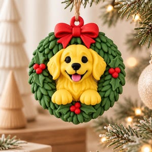 Könnte beinhalten: Ein runder Weihnachtsschmuck mit einem gelben Golden Retriever Welpen in der Mitte eines grünen Stechpalmenkranzes. Der Kranz ist mit kleinen roten Beeren verziert und mit einer leuchtend roten Schleife versehen. Eine Juteschnur dient zum Aufhängen.