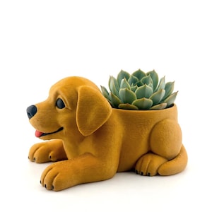Puede incluir: Una maceta con forma de perro de color marrón dorado que muestra un cachorro tumbado con nariz negra, ojos oscuros y una pequeña lengua roja. Una planta suculenta verde está plantada en el lomo hueco de la figura con acabado texturizado.