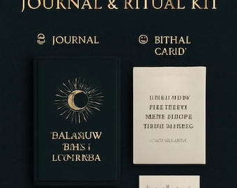 May include: A dark teal Shadow Work Journal & Ritual Kit. The kit includes a journal with a sun and moon design, a card, and two art prints. The journal has the text "BALANUW BAIS I LUMRNBA". The kit also includes the text "WHAT'S INCLUDED SHADOW WORK JOURNAL & RITUAL KIT".