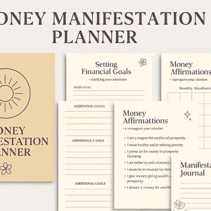 May include: A beige Money Manifestation Planner with a sunburst design and the title in dark brown. The planner includes sections for setting financial goals, money affirmations, and a manifestation journal. The overall theme is prosperity.