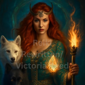 Puede incluir: Ilustración digital de una mujer pelirroja, vestida con un vestido turquesa y una diadema con cuernos, sosteniendo una antorcha y un cristal brillante. Dos lobos, uno blanco y otro negro, la flanquean. El texto "Reiki Rewritten/ Victoria Ved" es visible.