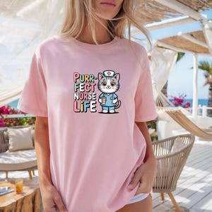 Cute Nurse Cat T-Shirt, Purr-fect Nurse Life Tee, Cartoon Kitty Scrubs Top, Coffee Lover Shirt, Pastel Cat Graphic Tee