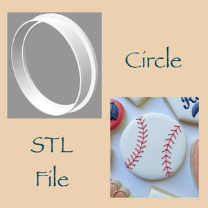 May include: An image featuring a white circle cookie cutter and a baseball-themed cookie. The baseball cookie is white with red stitching details. The text "Circle" and "STL File" are also present.