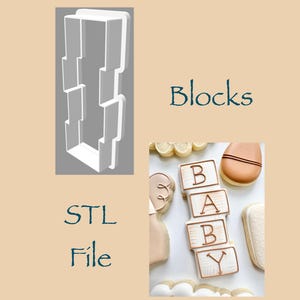 Puede incluir: Un cortador de galletas blanco impreso en 3D con forma de bloque. La imagen también muestra galletas decoradas que deletrean "BABY" y el texto "Blocks" y "STL File". Las galletas son de color marrón claro con detalles blancos y marrones.