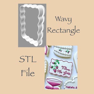 May include: An image featuring a white wavy rectangle cookie cutter and decorated cookies. The text "Wavy Rectangle" and "STL File" are also present. The cookies are decorated with pink and green icing.
