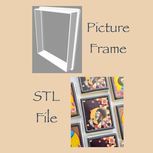 May include: A white picture frame and several small framed art prints with a black border. The prints feature a woman singing into a microphone. The text "Picture Frame" and "STL File" are also visible.