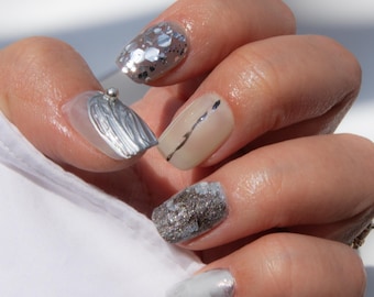 Chaos Chrome Nail, Premium Press Ons, Short Square Shape, Neutral Office Fake Nails, Korean Nail Art, UV Gel, Silver Metal Mirror, Reusable