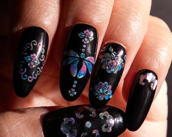 Mother of Pearl Shell Press On Nails, Premium Handmade Fake Nails, Almond Shape, Holographic, Halloween Cosplay, Tribal Costume, Goth Witch