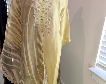 Salwar Kameez Indian Dress, Tissue Fabric with Organza Dupatta