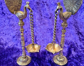 Brass Peacock Antique Design 9 Inches Brass Hanging Diya Pair