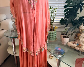 Lehenga with crop top and Cape in Peach color