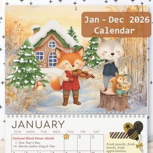 2026 Illustrated Kids Monthly Calendar, Watercolor Woodland Animal Art Calendar for Teacher Classroom, Children&#39;s Room, Nursery Wall Decor