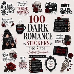 Puede incluir: Una colección de 100 pegatinas digitales con temática de romance oscuro que incluyen calaveras, rosas rojas, máscaras de baile, pilas de libros con títulos, tazas de café y frases góticas como Don't Call Me Princess y Dark Romance Addict.