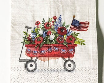 Paper Napkins Red wagon w florals & flag set of two - Floral USA flag Napkins - Decoupage Tissue Red Wagon flowers