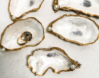 Oyster Shell Ring Dish - Oyster Shell Jewelry Dish White pearlescent with faux pearl - Bridesmaid or Hostess gifts