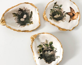Oyster Shell Jewelry Dish Nest w Bird Eggs Decor - Decoupage Trinket Dish - Home Decor Shell Dish Bird's Nest
