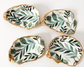 Oyster Shell Jewelry Dish Green Ivy Decor - Decoupage Trinket Dish - Home Decor Shell Dish Greenery